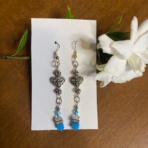 Turquoise Blue and Silver Dangle Earrings with Crystal Accents